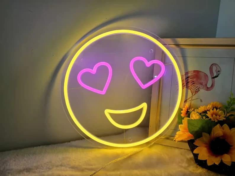 AONXJSIGN Smiley Face Neon Sign - USB Powered LED Wall Decor for Bedroom, Kids Room, Bar & Cafe - Creative Emoji Neon Light, Heart Design for Home & Party Decor