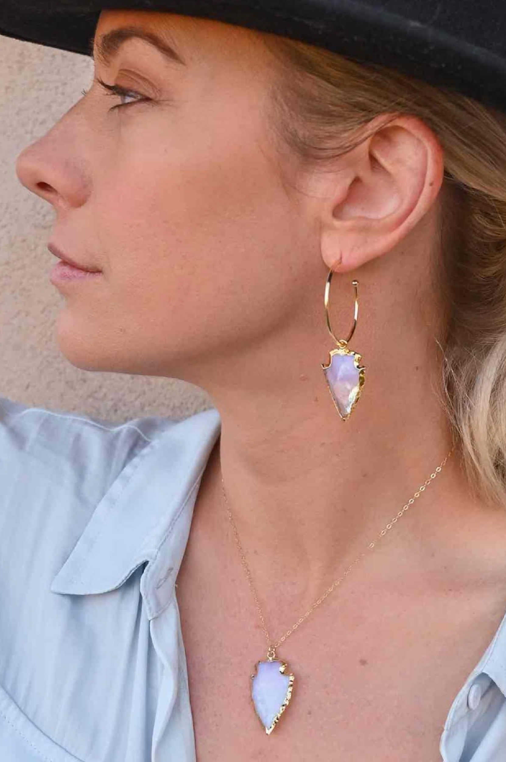 Purity Opalite Arrowhead Gold Hoop & Necklace Set - Elegant Jewelry for Women, Boho Chic Necklace and Earrings Gift Set, Perfect for Parties, Weddings and Everyday Wear