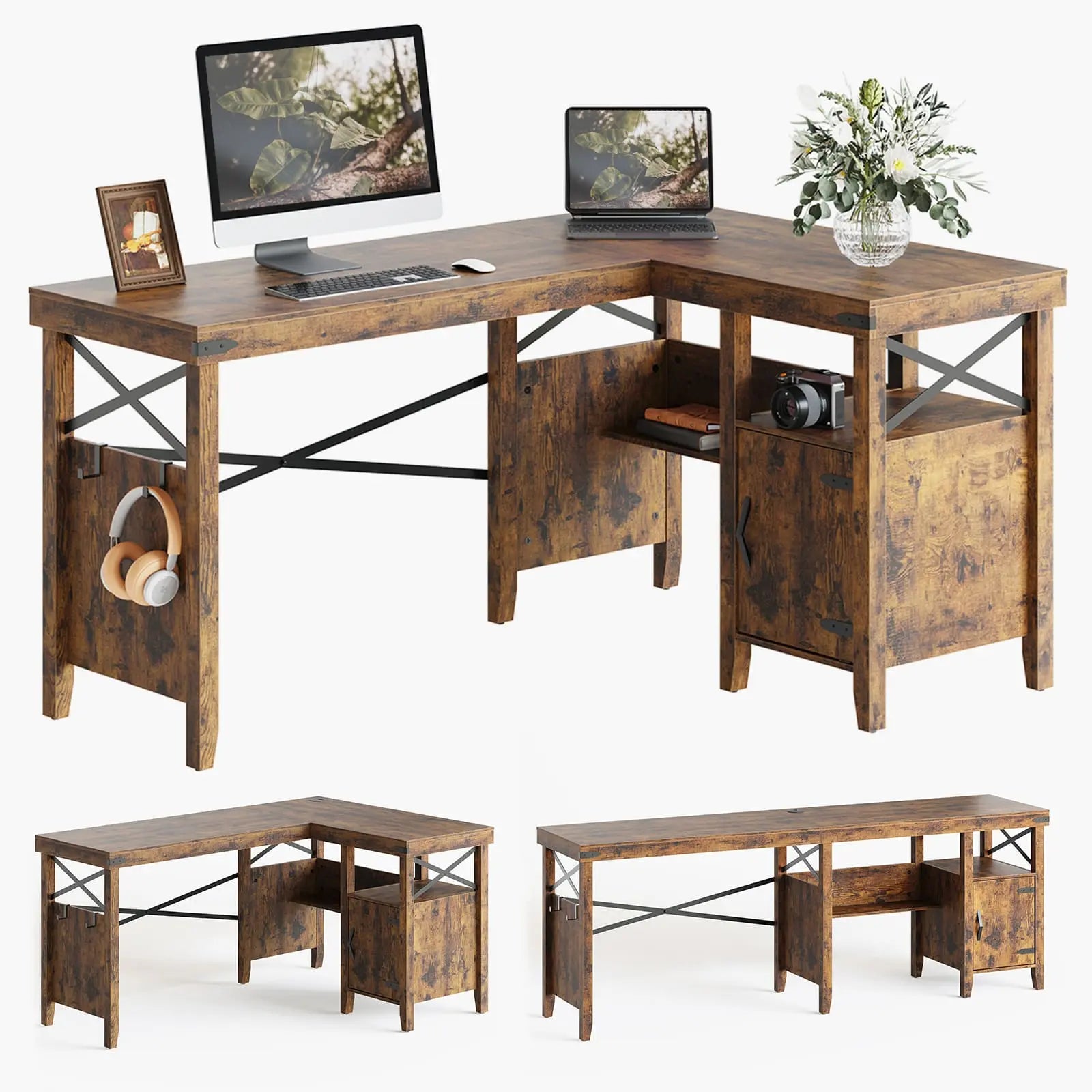 Bestier 60 Inch Farmhouse L-Shaped Computer Desk - Rustic Home Office Desk with Keyboard Tray, Sturdy Writing Workstation for Small Spaces, Perfect for Gaming, Studying & Remote Work