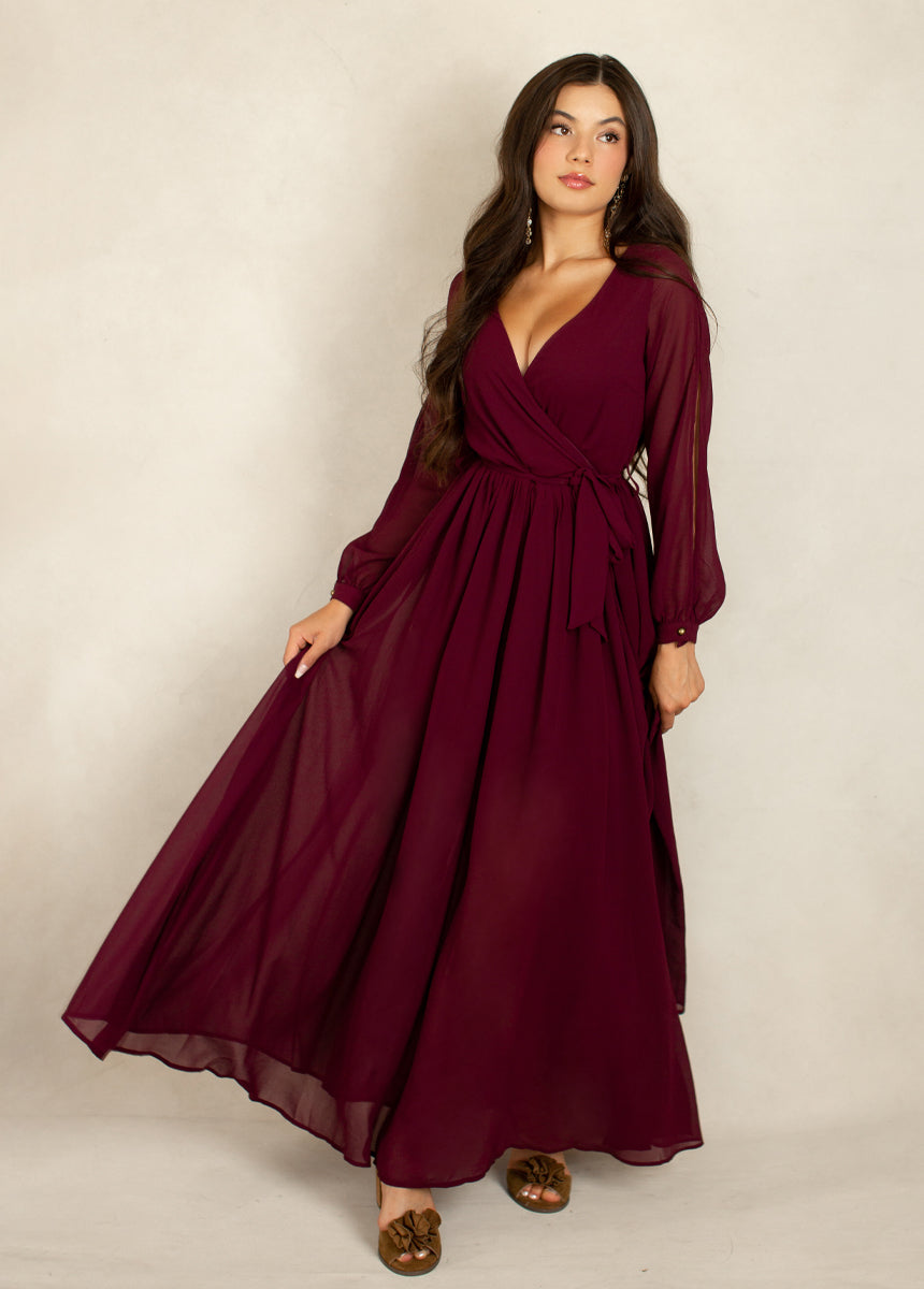Aniya Elegant Plum Bridesmaid Dresses for Weddings & Formal Events - A-Line Floor Length Chiffon Gown with V-Neck & Flowy Skirt