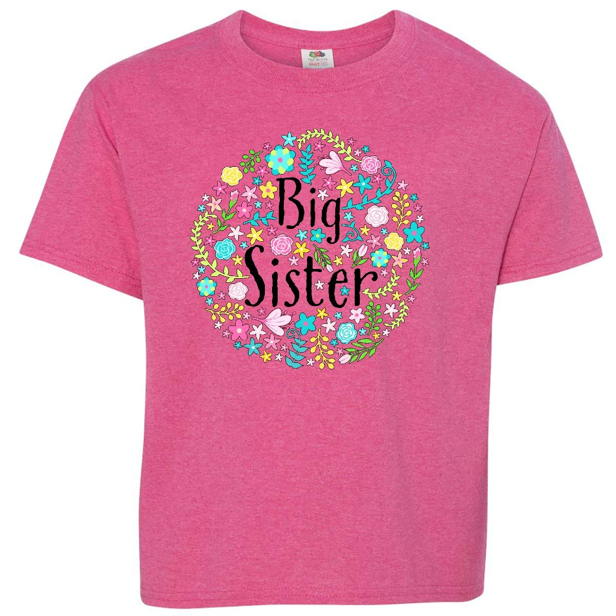Inktastic Big Sister with Flower Circle Youth T-Shirt - Cute Floral Design Sibling Shirt for Girls - Perfect for Sister's Day, Birthday Gifts & Family Matching Outfits