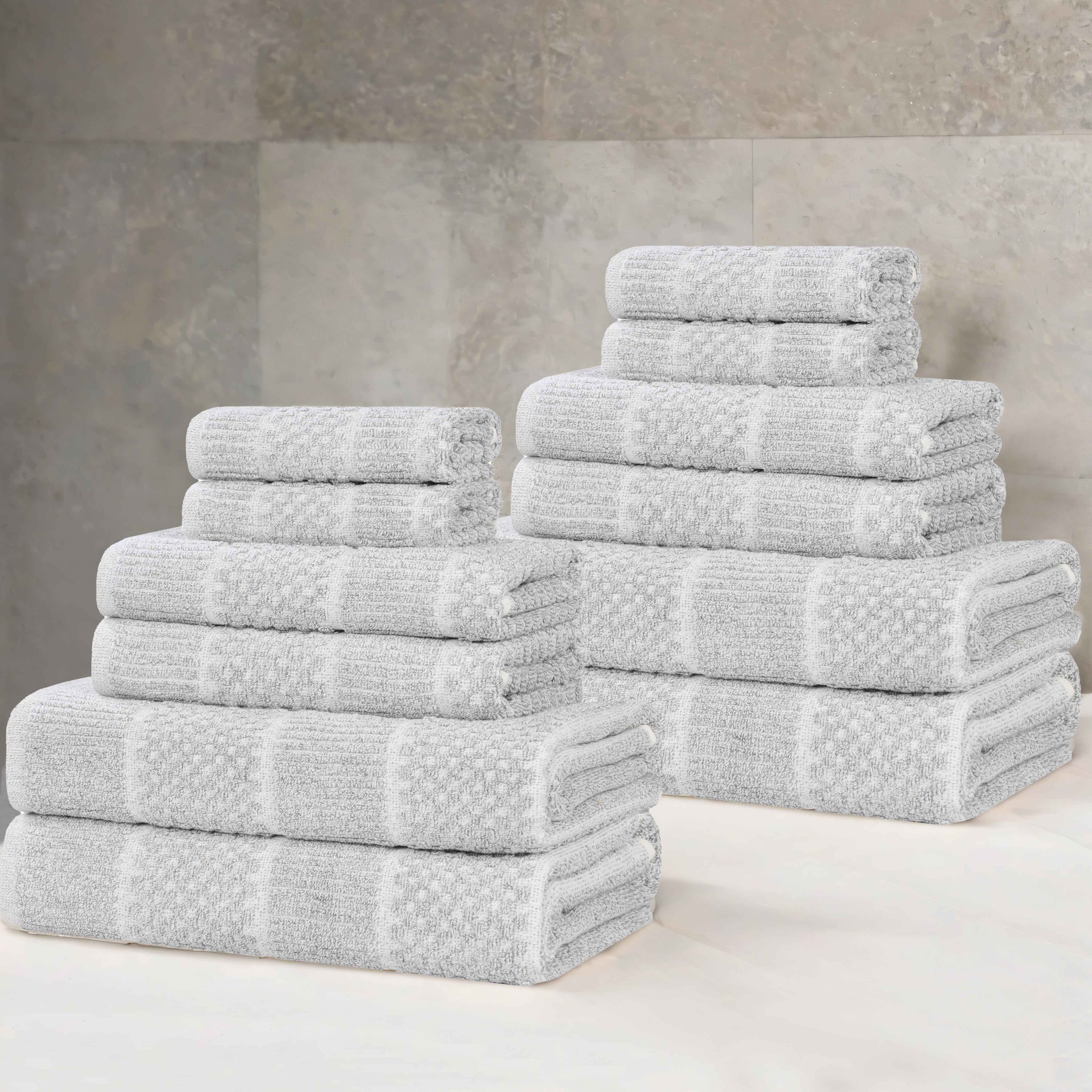 Premium 12-Piece Cotton Blend Checkered Bath Towel Set - Medium Weight, Soft & Absorbent for Spa, Gym, and Home Use