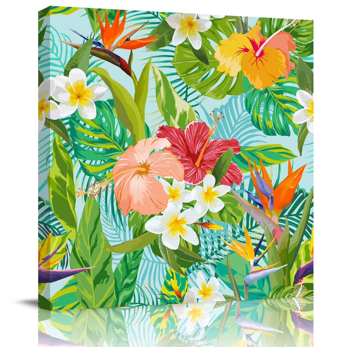 Vivid Tropical Flowers Canvas Wall Art - Framed Bathroom Decor Painting for Living Room, Kitchen, Office | Ready to Hang Home Decor | Perfect for Beach House, Spa Retreat & Boho Interior Design