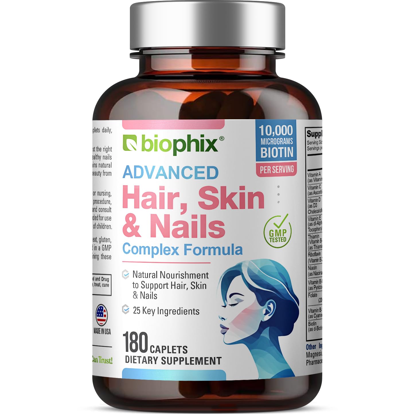 Biophix Hair Skin and Nails Complex 180 Caplets with 10,000 mcg Biotin - Multivitamin Supplement for Strong Nails, Healthy Hair & Skin, Anti-Aging Support - Perfect for Daily Beauty & Wellness Routine
