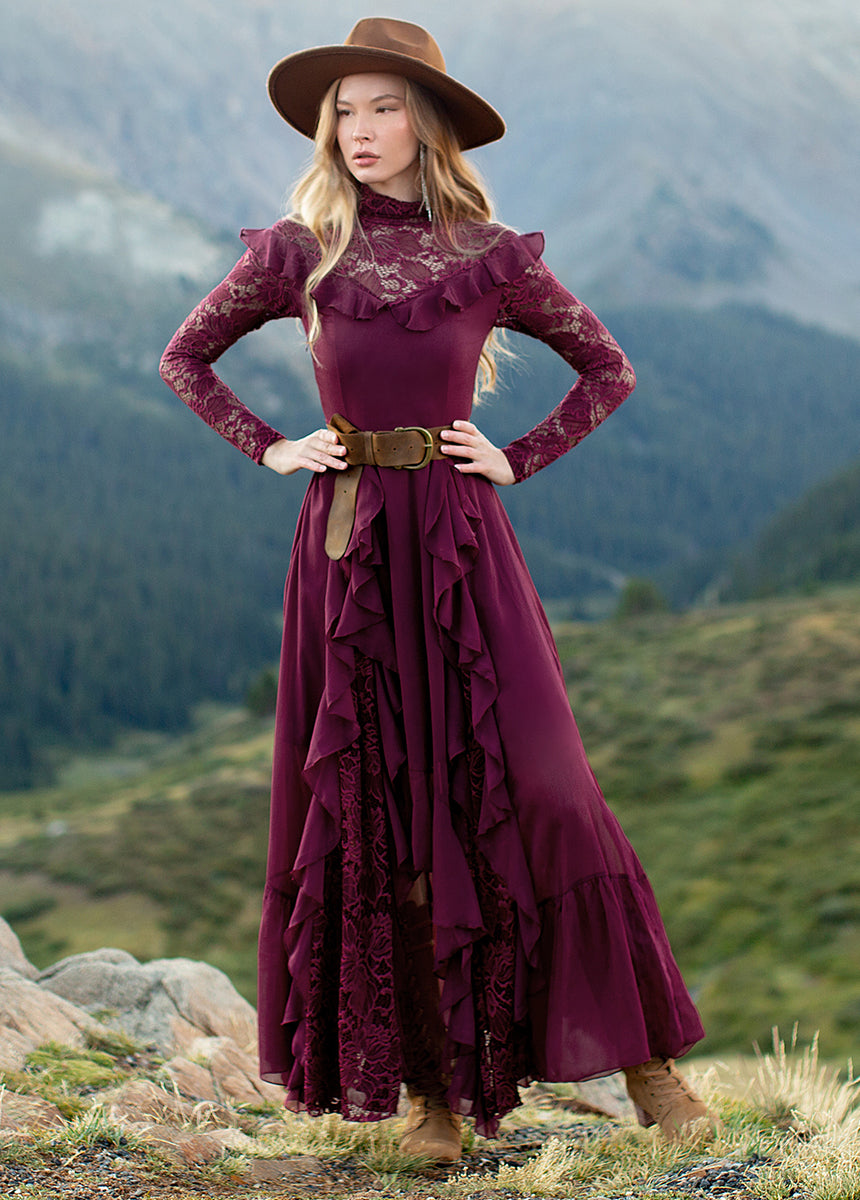 Sveta Maxi Dress in Oxblood - Elegant Long Sleeve Flowy Women's Dress for Parties, Weddings & Special Occasions