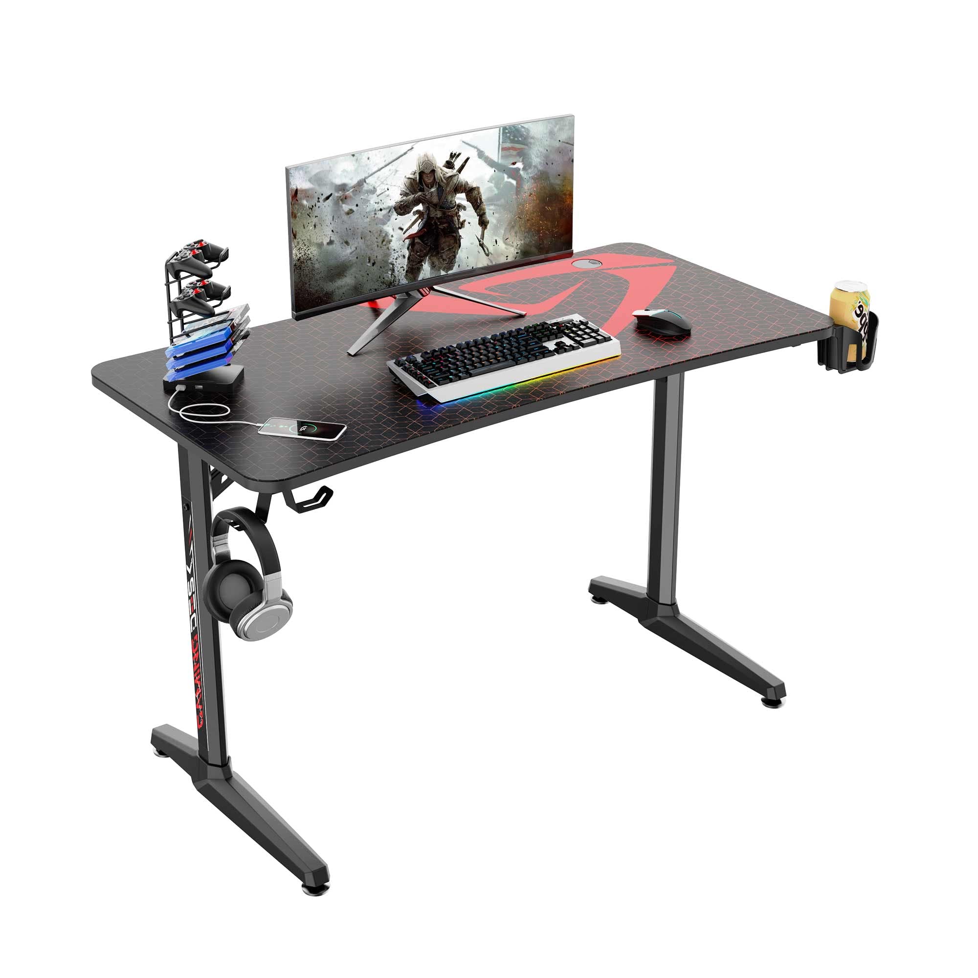 Racing Style 47-inch Gaming Computer Desk with Free Mouse Pad, USB Handle Rack, Cup Holder & Headphone Hook - Ergonomic Home Office Desk for PC Gaming & Work (Black) - Perfect for Small Spaces, Dorm Rooms & Streaming Setups