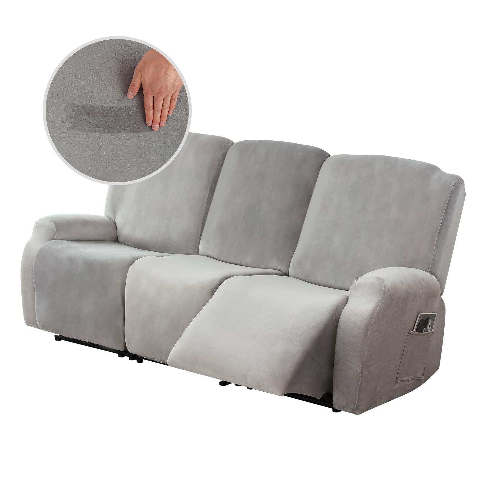 **Genina 8-Piece Recliner Sofa Cover Set - Light Gray Stretchable Slipcovers for 3-Cushion Reclining Chairs & Couches | Protects Furniture from Pets, Spills & Wear | Living Room, Home Theater & Office Use**