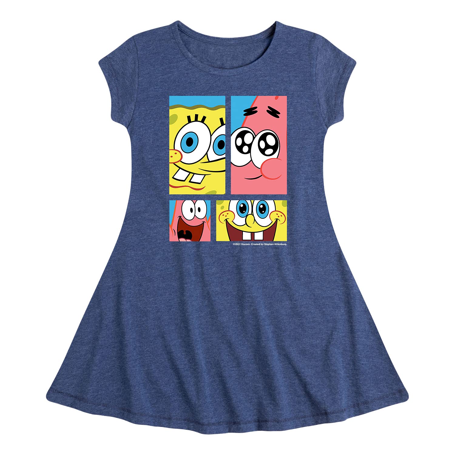Spongebob Squarepants Girls Fit and Flare Cap Sleeve Dress - Cartoon Character Grid Print - Hybrid Apparel - Perfect for Birthday Parties, Cosplay & Casual Wear