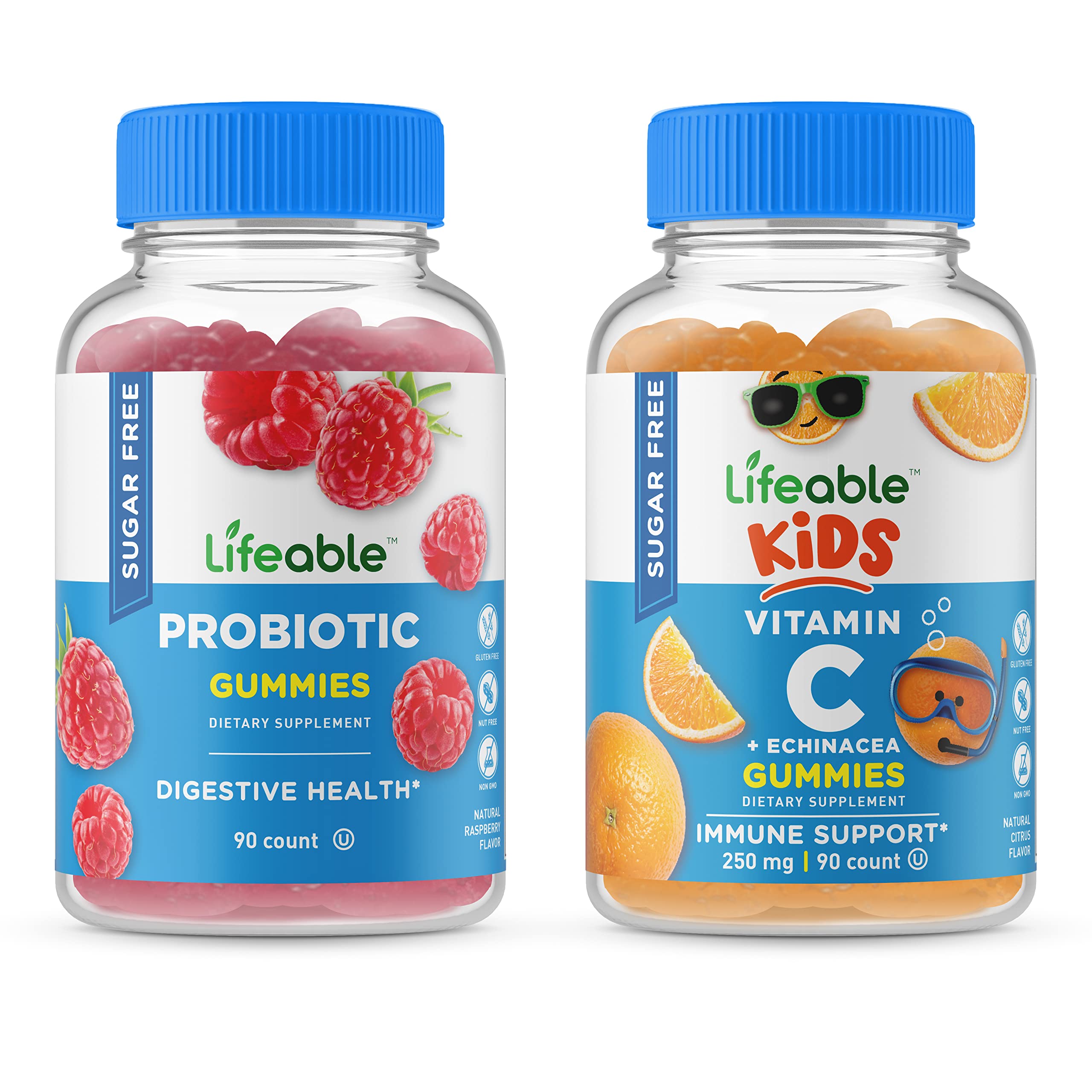 Lifeable Sugar-Free Probiotic & Vitamin C Kids Gummies Bundle - Natural Flavor, Gluten-Free, Vegetarian, Non-GMO Chewable Vitamins - Supports Immune Health & Digestion for Active Children