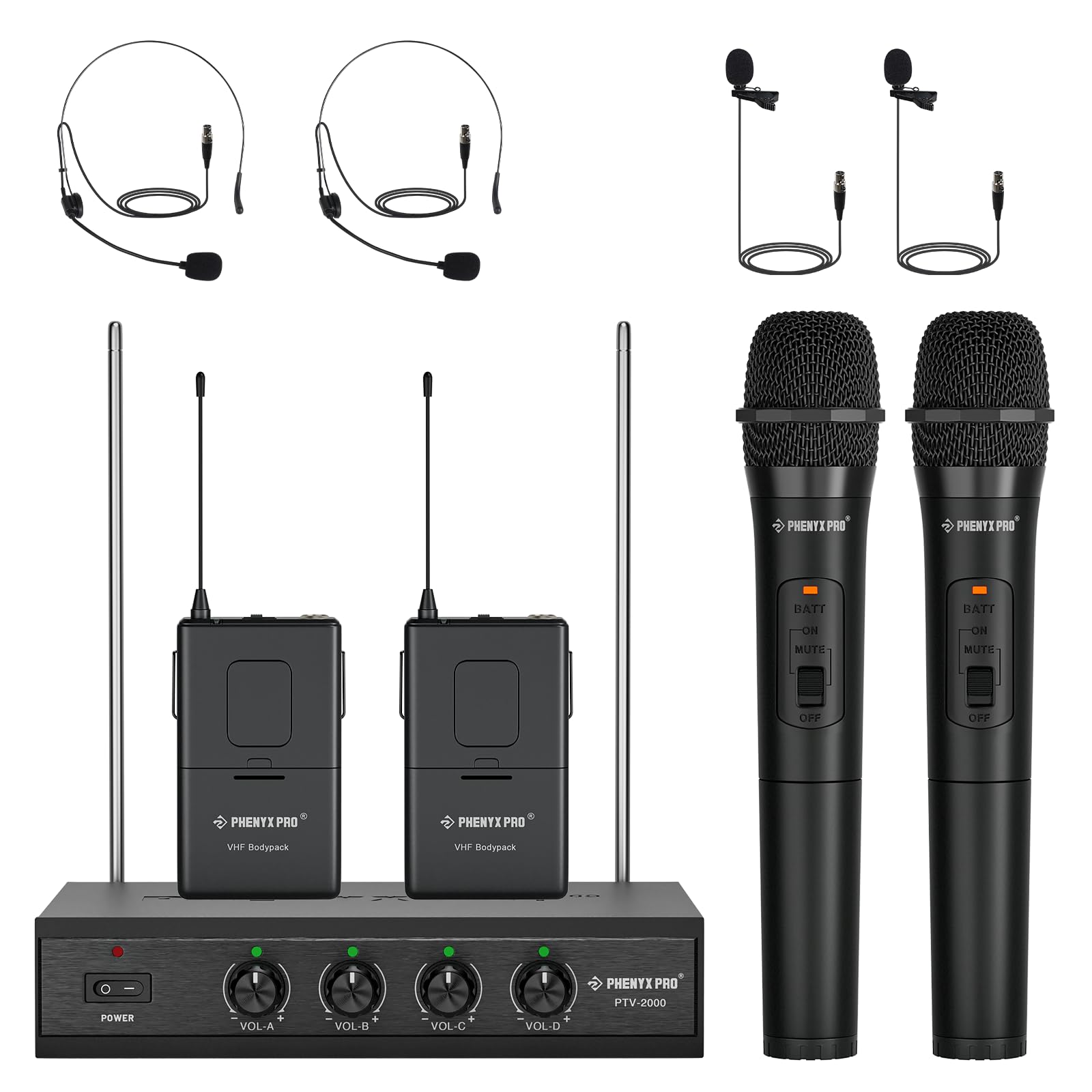 Phenyx Pro 4-Channel VHF Wireless Microphone System with 2 Handheld Mics, 2 Bodypacks, 2 Lapel & 2 Headset Mics - Metal Receiver for Church, Meeting, Conference, Karaoke, Live Performance & Public Speaking (PTV-2000-2H2B)
