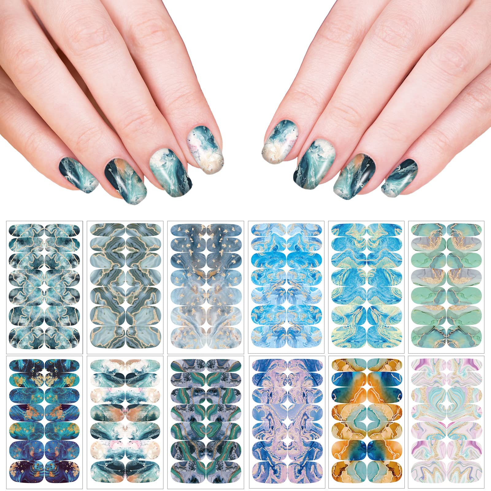 12 Sheets Self-Adhesive Marble Nail Wraps - Bronzing Nail Polish Strips with 2 Nail Files (168 Pieces) - DIY Nail Art Decals for Women, Perfect for Daily Wear & Party Decorations