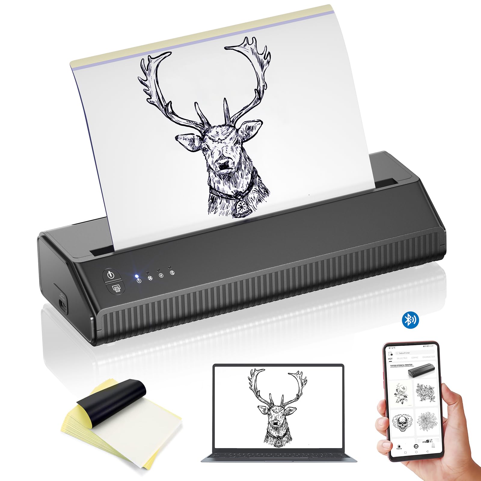 Wireless Tattoo Stencil Printer - Bluetooth Thermal Transfer Machine for Tattoo Artists with 10 A4 Transfer Papers | Compatible with Android, iOS, PC & Tablet | Perfect for Tattoo Studios, Home Use & Professional Tattoo Designs