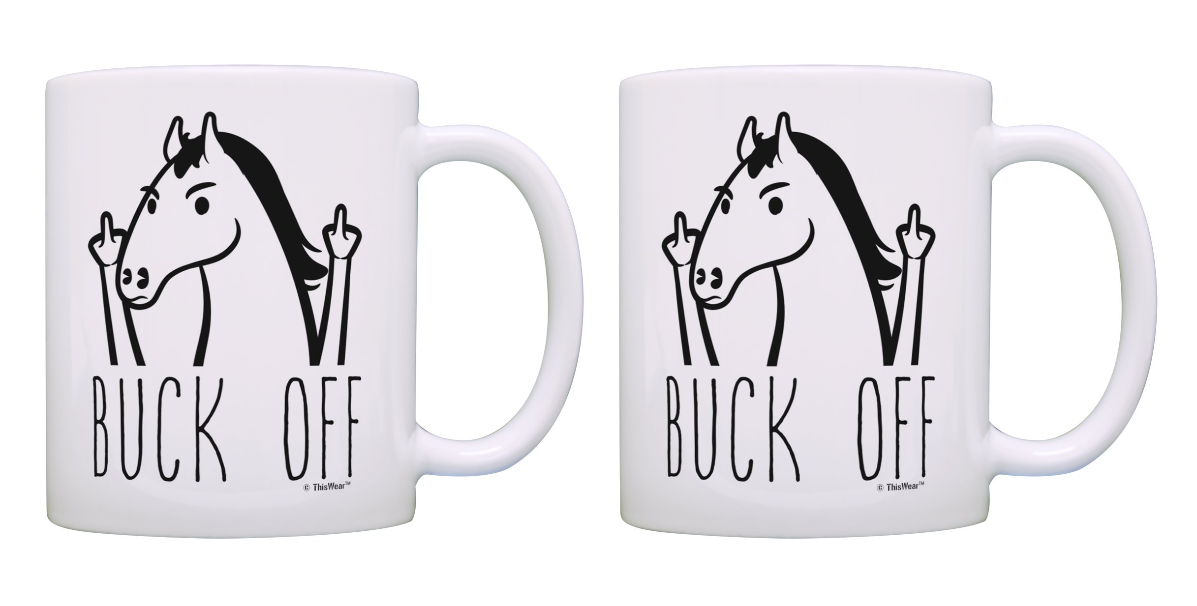 Funny Horse Lovers Gifts - 2 Pack 'Buck Off' Coffee Mugs & Tea Cups for Equestrians - Perfect for Horse Enthusiasts, Coworkers & Barn Parties (White Ceramic)
