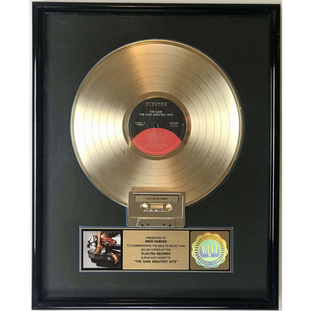 Greg Hawkes RIAA Gold Album Award - The Cars Greatest Hits - Rare Collectible Music Memorabilia for Fans & Display
