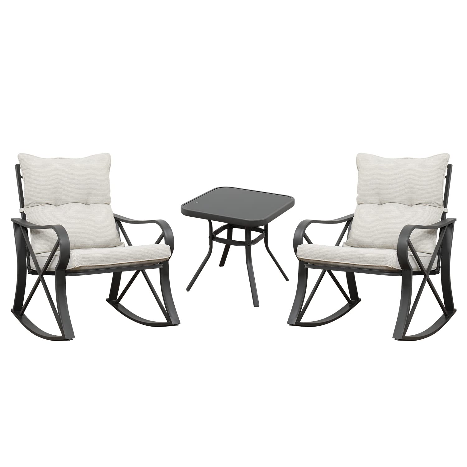 HOMPUS 3-Piece Outdoor Rocking Chair Bistro Set with Beige Cushions - 2 Rocking Chairs & Glass Coffee Table - Perfect for Patio, Garden, Porch, and Backyard Relaxation