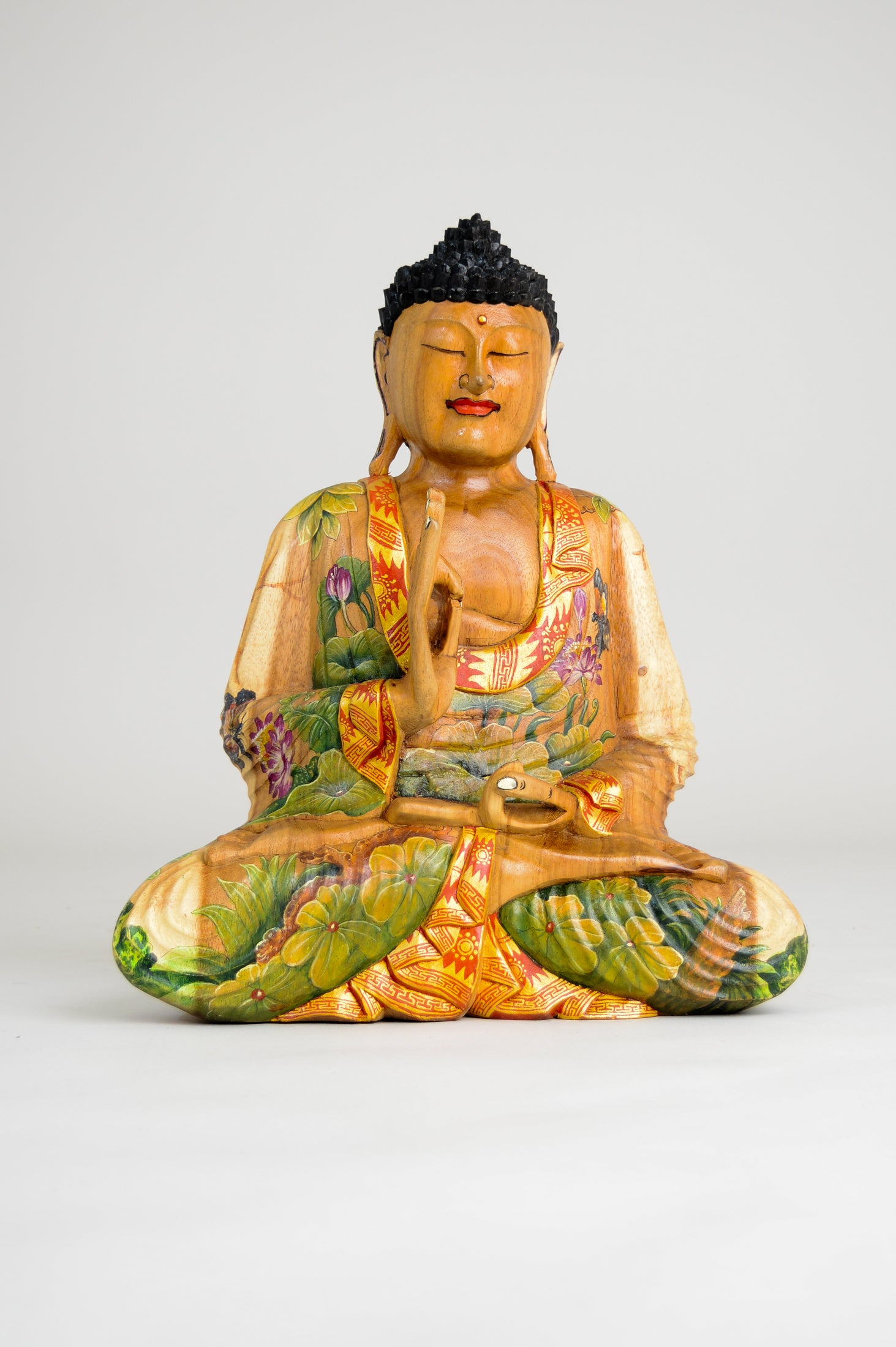 Hand Carved Wooden Meditating Buddha Statue - 16 Inch Hand Painted Buddhist Decor for Home, Office & Meditation Space - Zen Decor & Spiritual Gift
