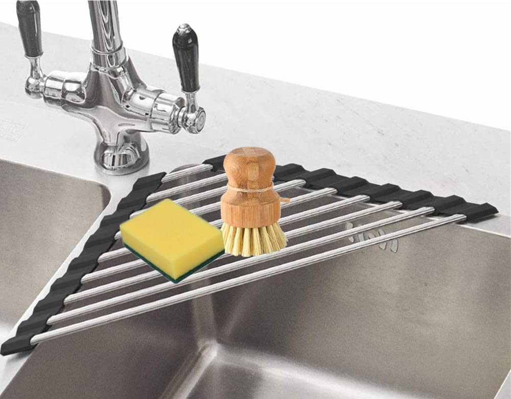 Stainless Steel Triangle Dish Drying Rack - Space Saving Over The Sink Corner Drainer Mat for Kitchen - Multipurpose Roll-up Drying Rack for Dishes, Utensils & Sponges - Perfect for Small Kitchens, Apartments & RVs (Black)