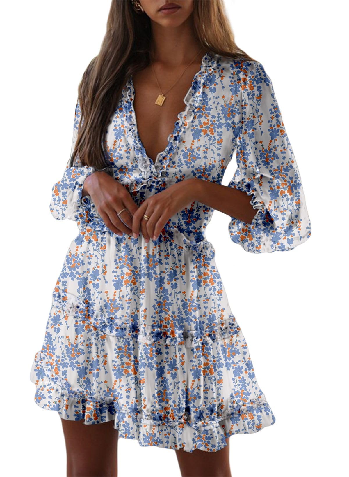 Dokotoo Women's Deep V Neck Long Sleeve Backless Ruffle Floral Flowy Mini Dress for Spring Summer 2025 | Sexy Party Cocktail Dress for Night Out, Date Night, Beach Vacation