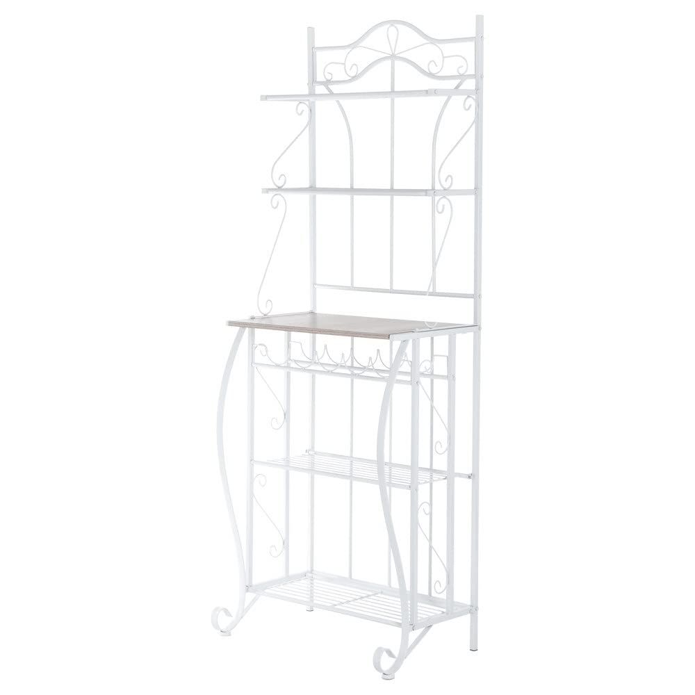 5-Tier White Light Walnut MDF Kitchen Storage Shelf with Wine Rack - Space Saving Organizer for Kitchen, Pantry, Bathroom or Garage Storage - Sturdy Iron Frame for Home & Office Use