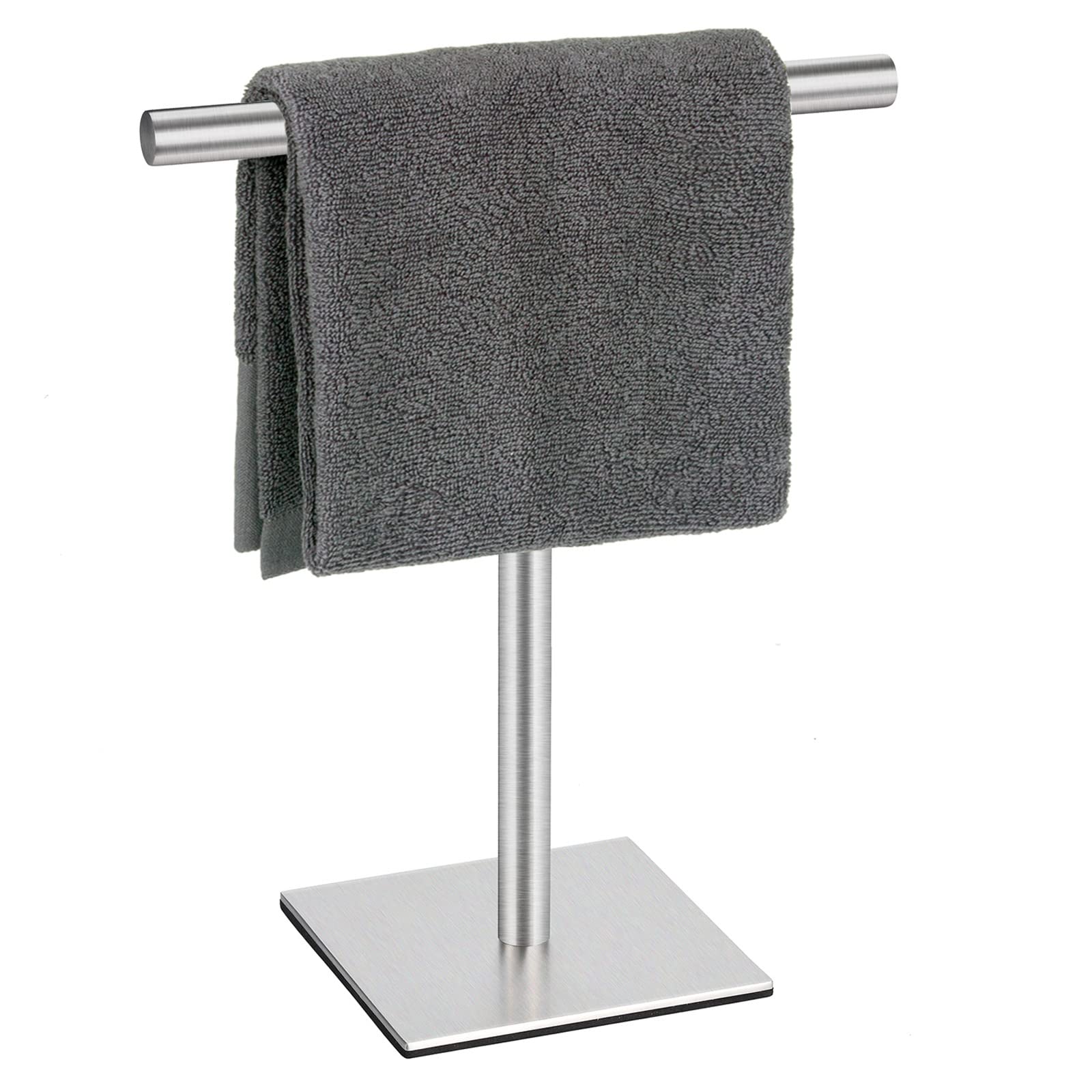 DUKWIN Stainless Steel Hand Towel Holder - T-Shaped Freestanding Towel Rack for Bathroom & Kitchen, SUS304 Brushed Silver Finish with Square Base - Perfect for Countertops, Vanities, and Small Spaces