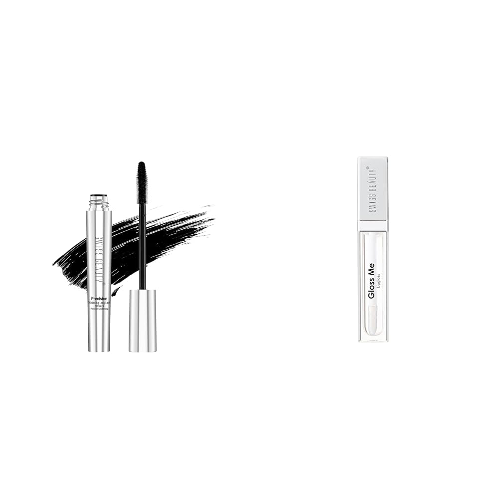 Swiss Beauty Waterproof Volume Mascara & Metallic Lip Gloss Set - Jet Black & White (8.5ml + 6ml) | Long-Lasting Eye Makeup & Hydrating Non-Sticky Lip Gloss for Everyday Wear, Parties & Special Occasions