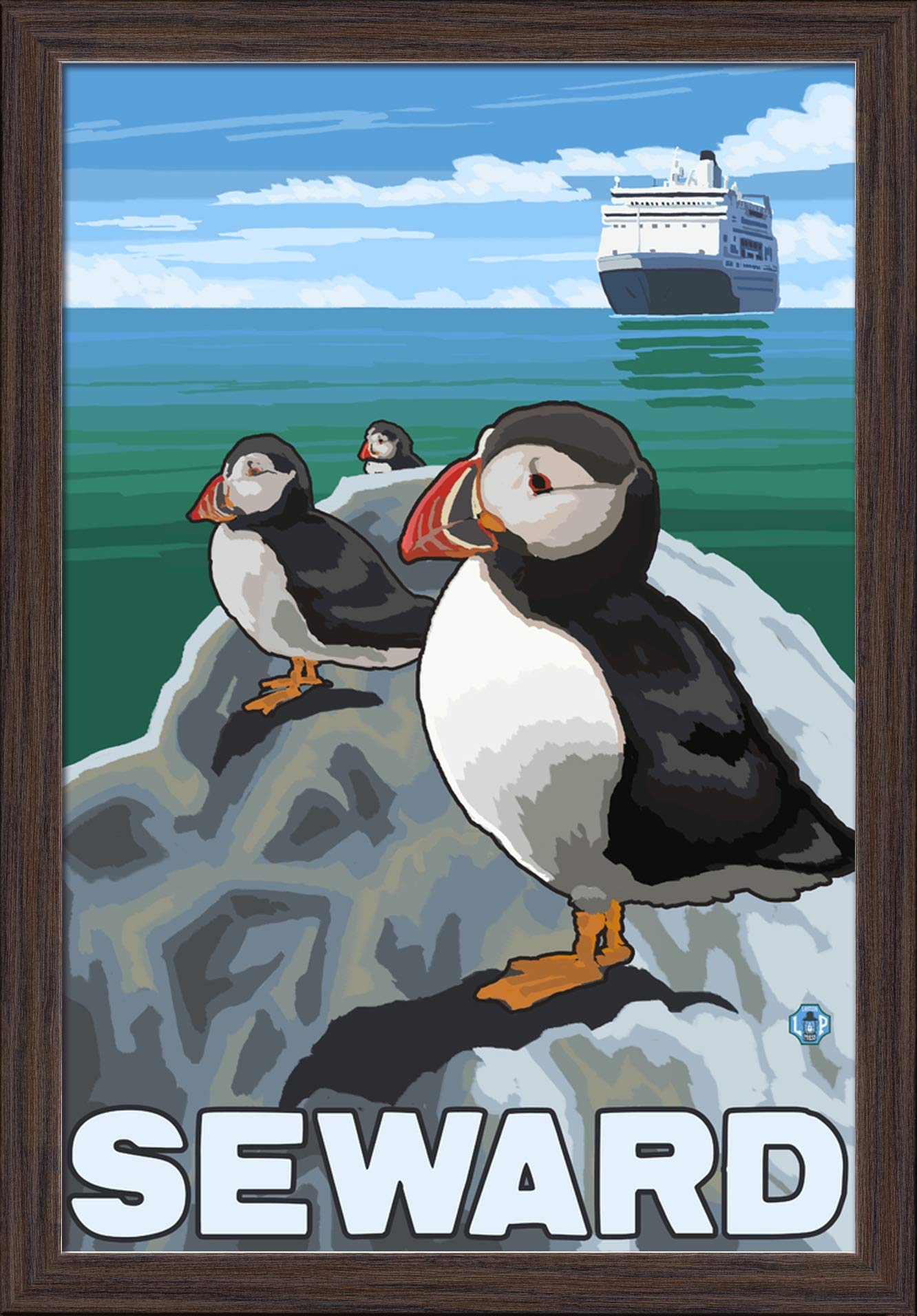 Puffins and Cruise Ship in Seward, Alaska - 16x24 Giclee Fine Art Print with Recycled Wood Frame in Espresso Brown - Perfect for Coastal Home Decor & Nature Lover Gifts