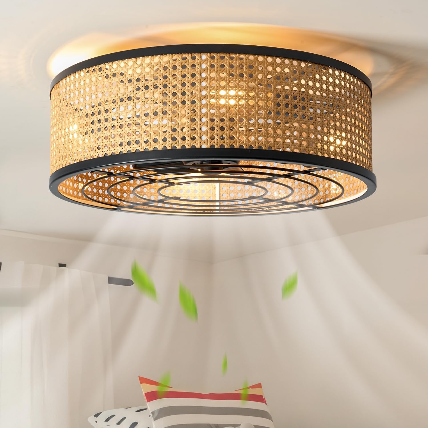 Boho Rattan Caged Ceiling Fan with Light Flush Mount - 20 Inch Remote Control Enclosed Ceiling Fan - 6 Speed Settings - Perfect for Bedroom, Living Room, and Boho Home Decor