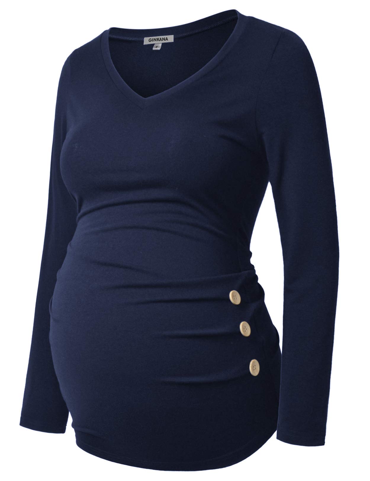 GINKANA Maternity Shirt - Soft Long Sleeve Nursing Top with Ruch Side Details & Button Front - Comfortable Pregnancy T-Shirt for Expecting Moms | Perfect for Work, Casual Wear & Maternity Photos