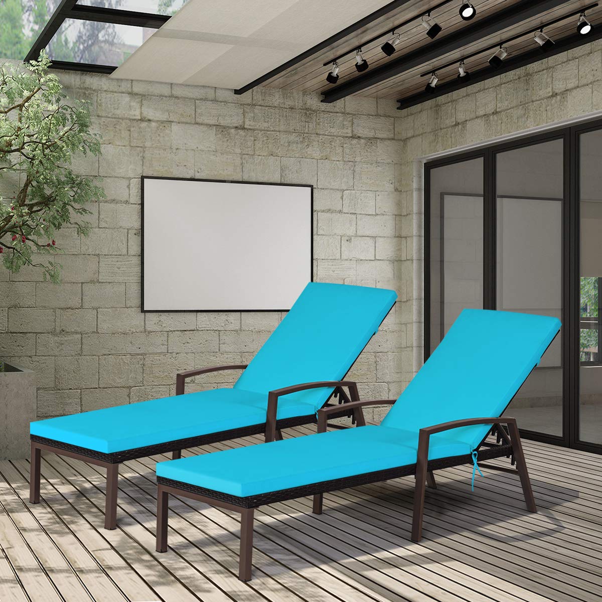 2PCS Patio Chaise Lounge Chairs - Outdoor Rattan Sun Lounger with Soft Cushions, Adjustable Backrest & Comfortable Armrest - Wicker Reclining Chaise for Poolside, Lawn, Garden, Balcony (Turquoise) - Perfect for Relaxing by the Pool, Sunbathing in Backyard or Lounging on Your Patio