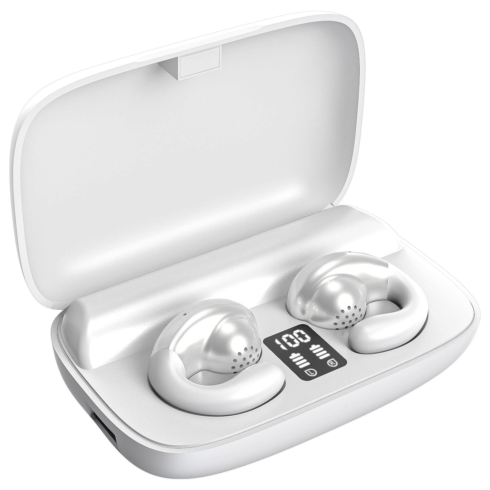 YTCYKJ Wireless Bone Conduction Headphones with LED Display - Open Ear Clip Design, Sweatproof, Touch Control, Hi-Fi Stereo & ENC Noise Cancelling - Perfect for Running, Cycling, Driving & Workouts (White)