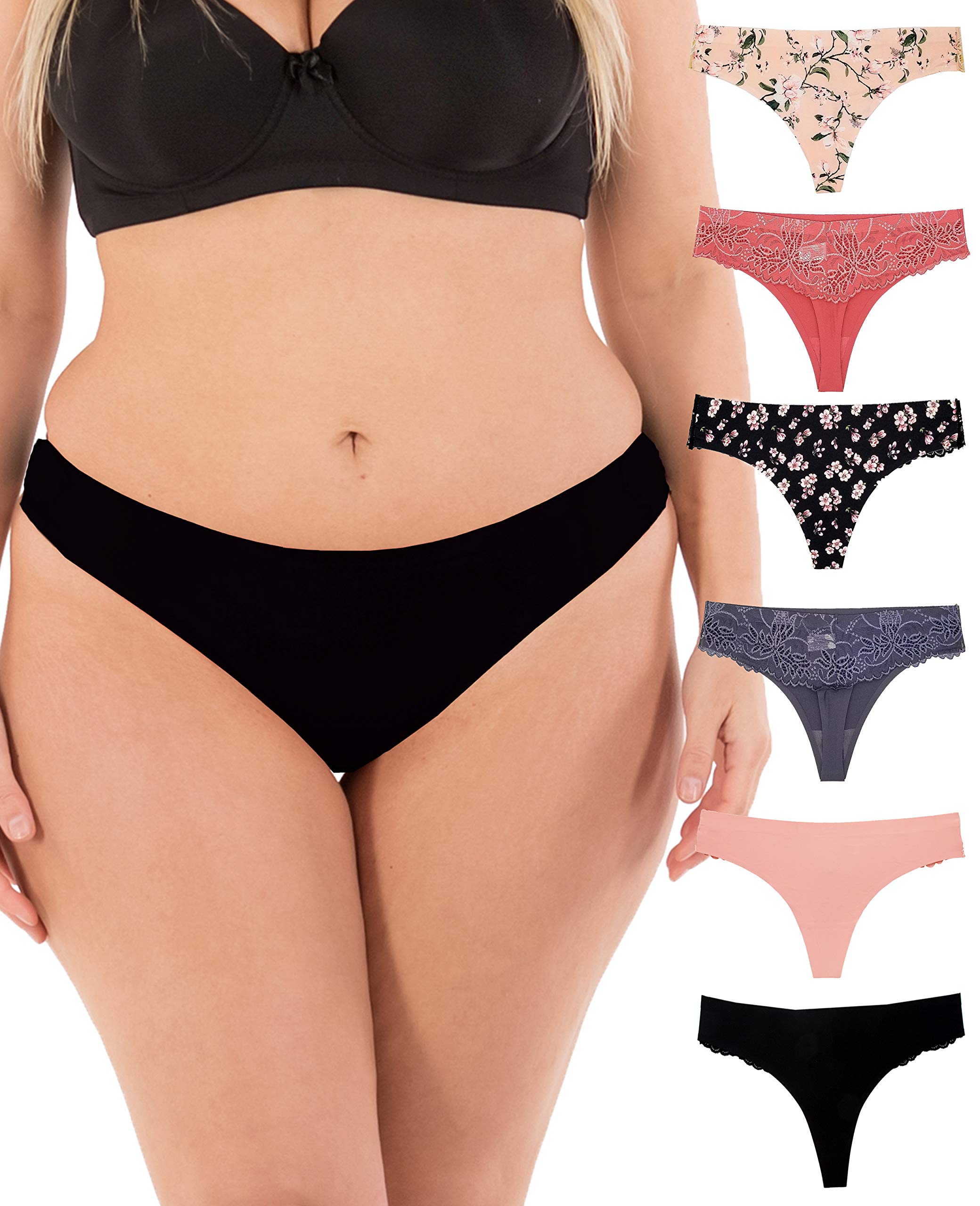 Sexy Lace Back Floral Thongs for Women - No-Show Seamless Invisible Underwear 6 Pack (Small to Plus Size) - Perfect for Daily Wear, Workout & Special Occasions