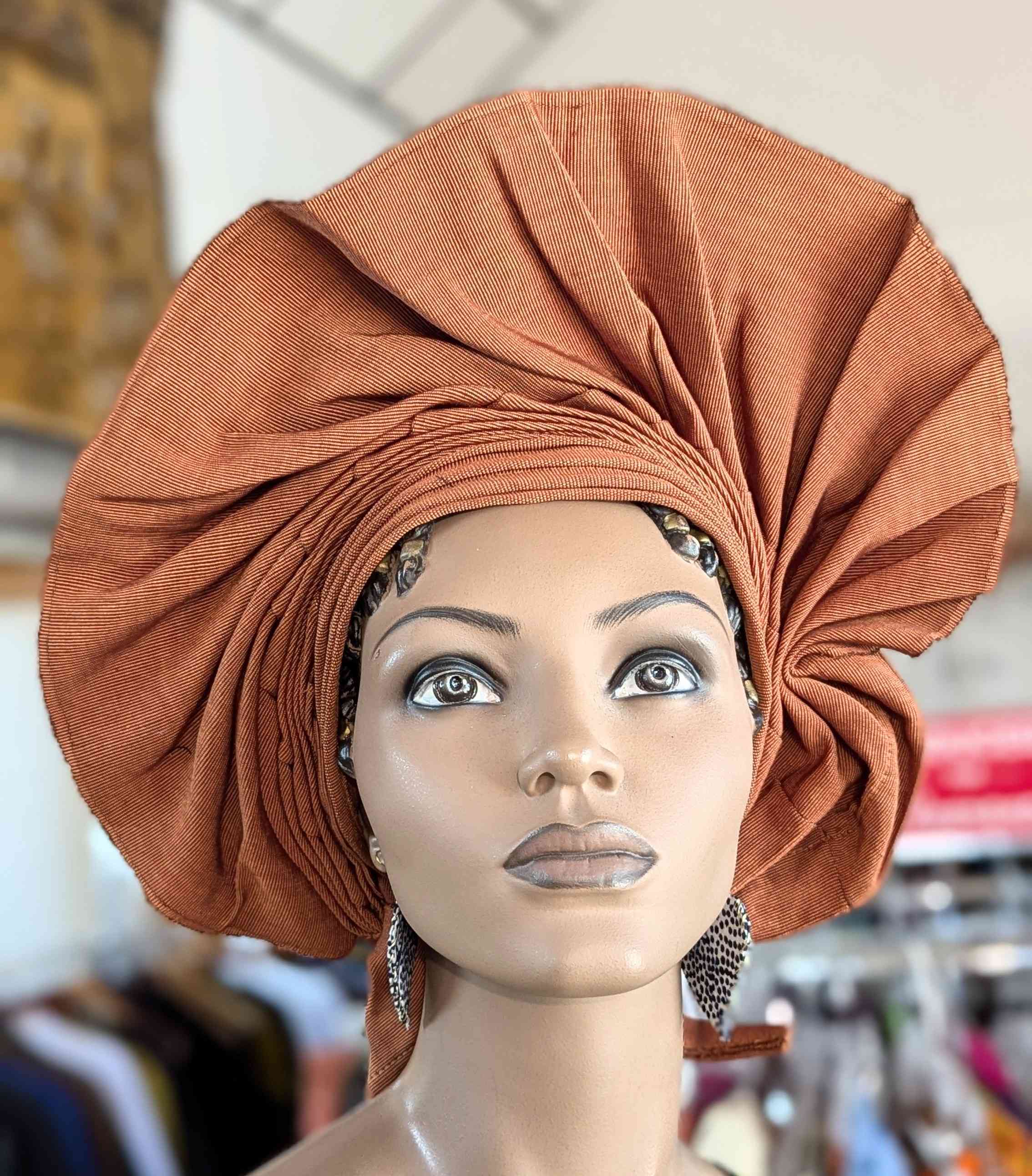 Premium African Aso Oke Gele Headwrap - Chocolate Brown Ready-to-Wear Autogele Hat for Women | Elegant Headpiece for Weddings, Church, Parties & Special Occasions