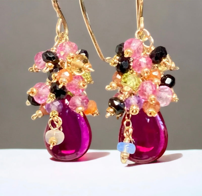 Natural Pink Rubellite Gemstone Cluster Earrings for Women - Elegant Handmade Jewelry Gift for Birthday, Anniversary & Special Occasions