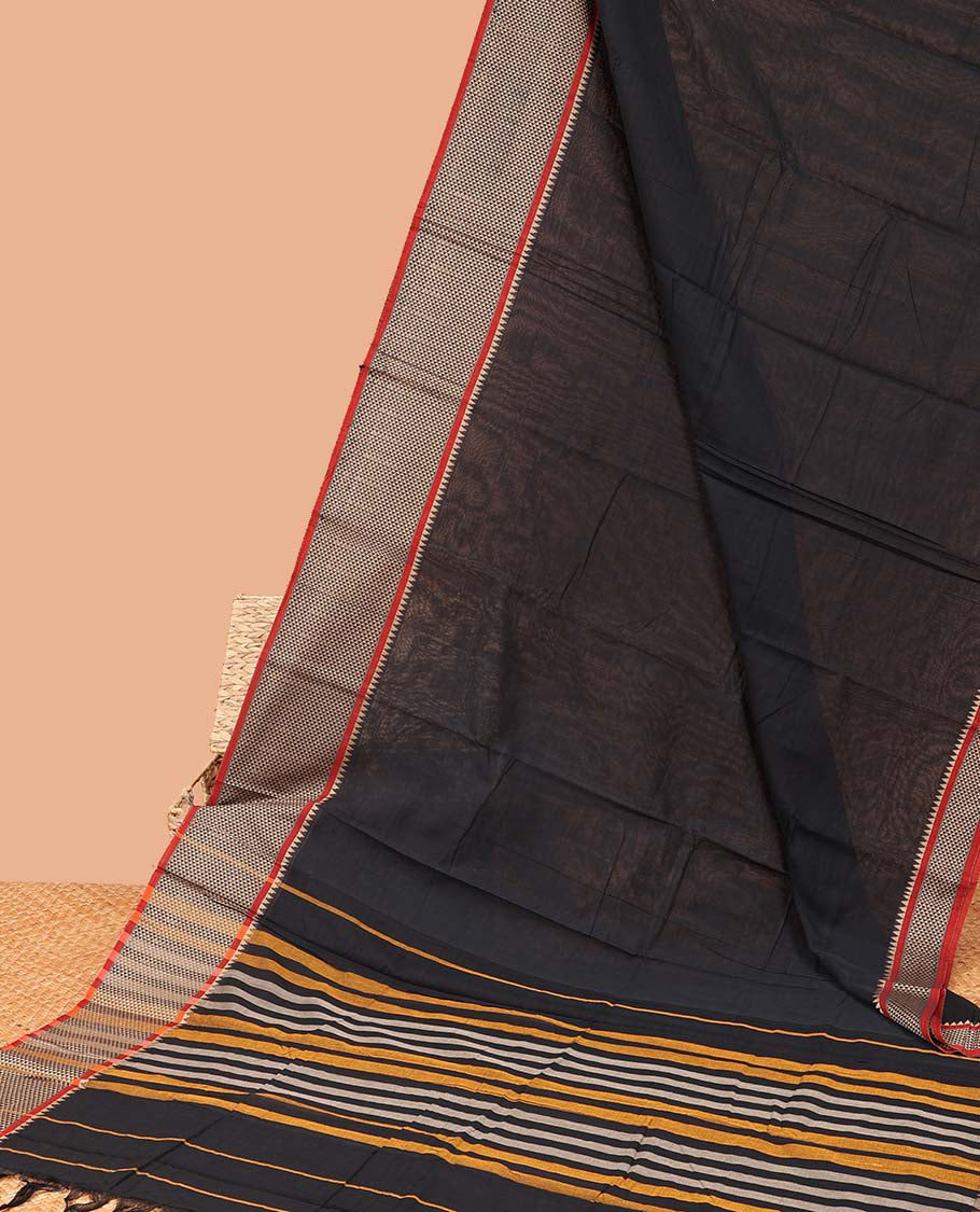 Black Plain Narayanapet Cotton Saree with Contrast Traditional Border & Striped Pallu | Handwoven Indian Saree for Women | Perfect for Weddings, Festivals & Cultural Events