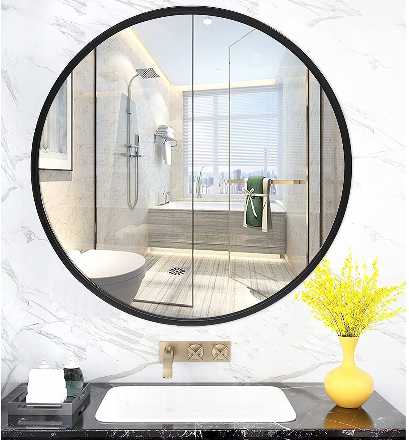 36 Inch Black Round Wall Mirror - CKCY Large Circular Bathroom & Vanity Mirror - Metal Frame for Bedroom, Living Room, Entryway Decor - Perfect for Makeup, Home Decor & Wall Styling