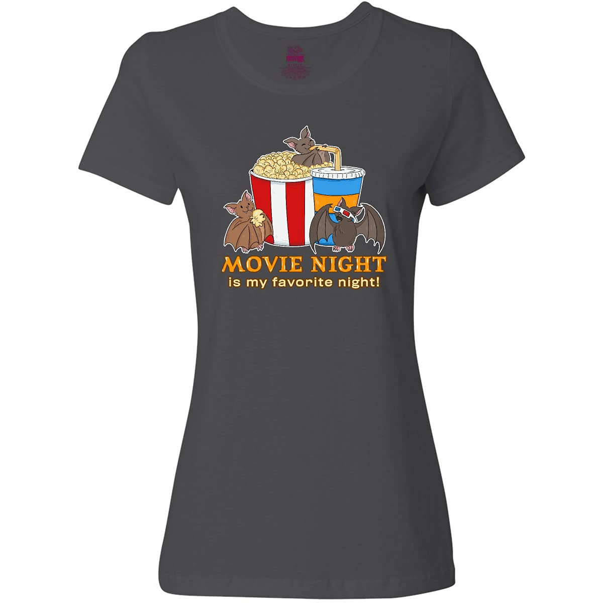 Movie Night is My Favorite Night - Women's Graphic T-Shirt with Bats & Popcorn Design | Soft Cotton Tee for Casual Wear, Halloween & Cozy Evenings