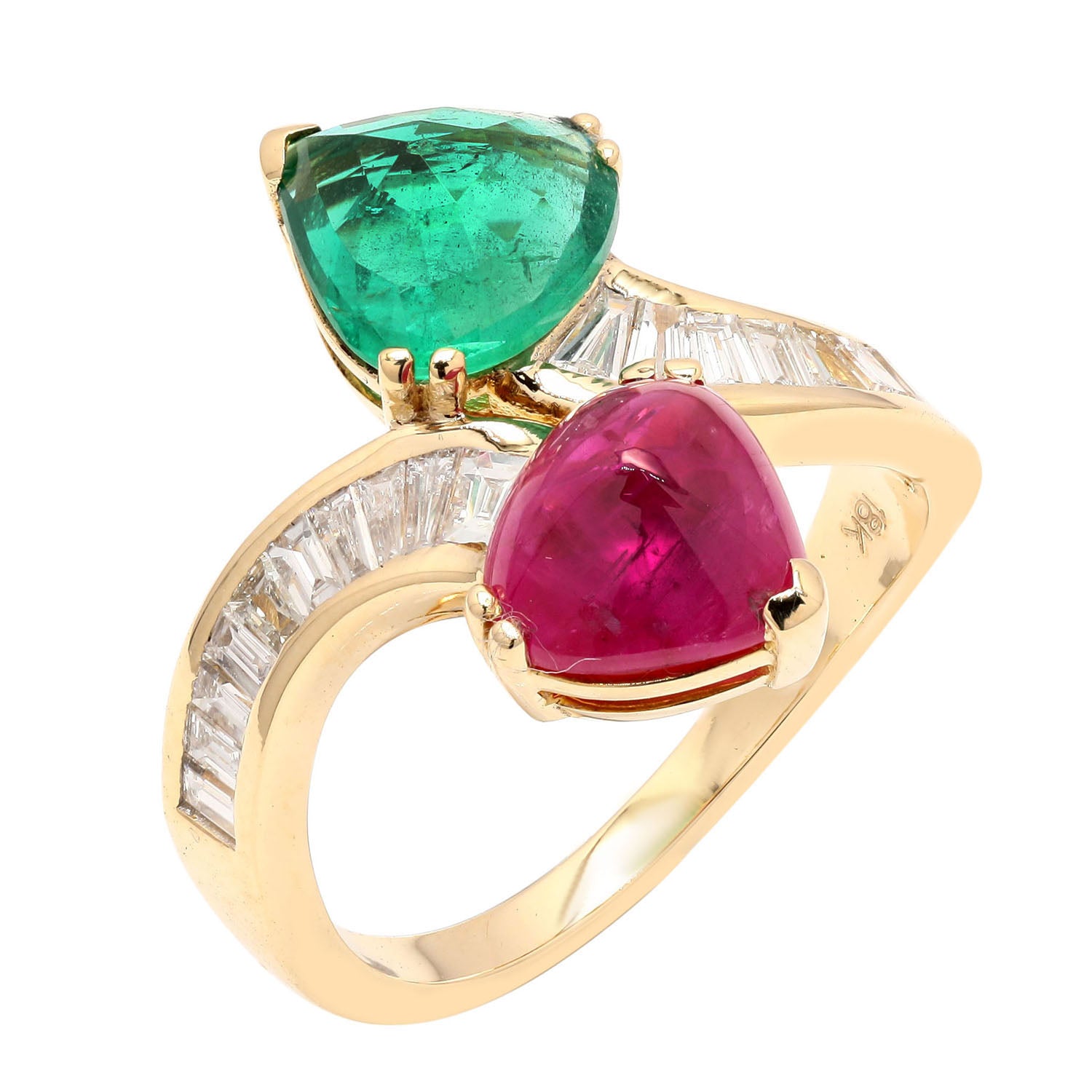 18K Yellow Gold Heart Cut Emerald Ruby Baguette Diamond Bypass Ring - Elegant Vintage Style Jewelry for Engagement, Anniversary & Special Occasions