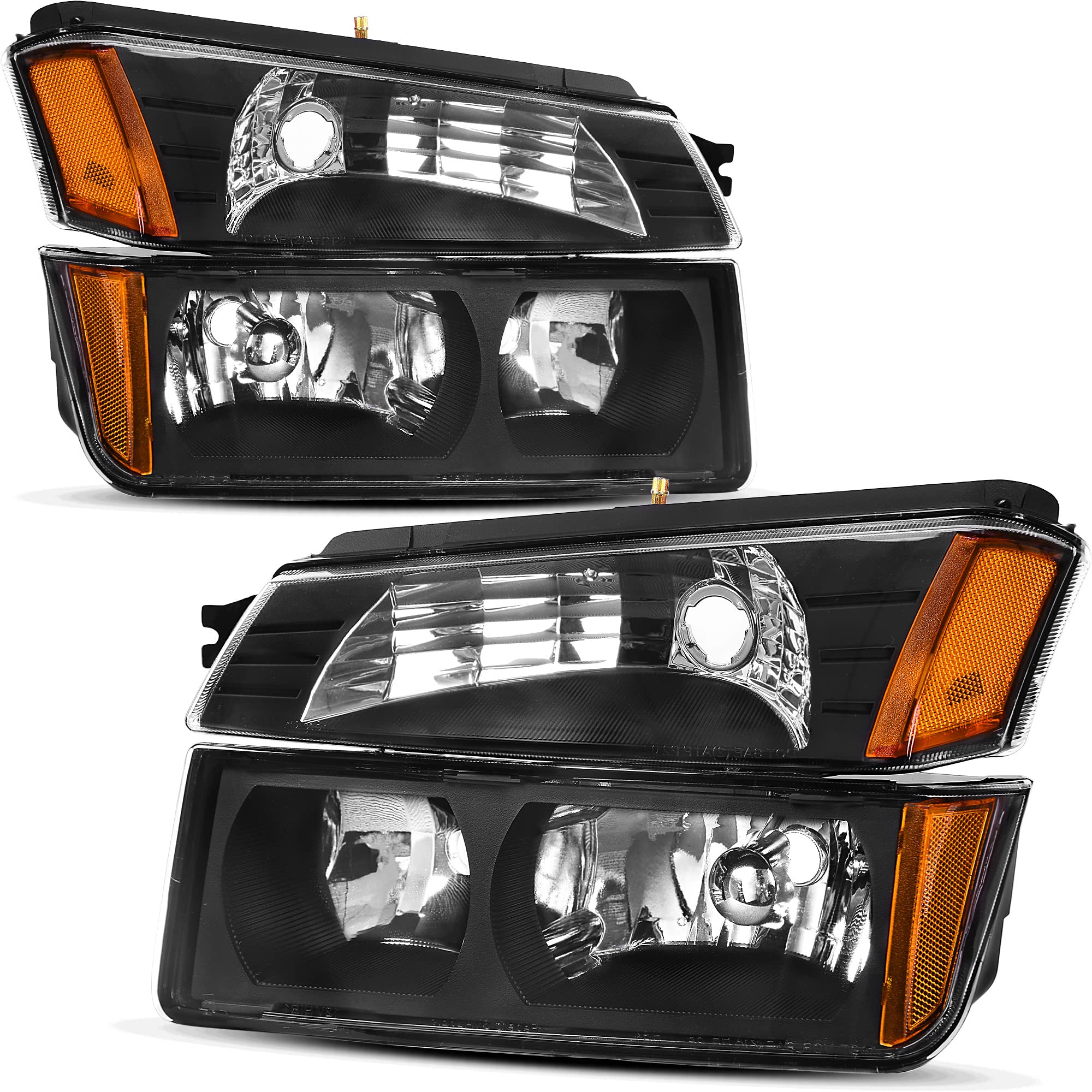 oEdRo Headlight Assembly for 2002-2006 Chevy Avalanche 1500/2500 Pickup - Black Housing with Amber Reflectors & Bumper Lights (Driver & Passenger Side) | Durable Replacement for Night Driving & Off-Road Adventures