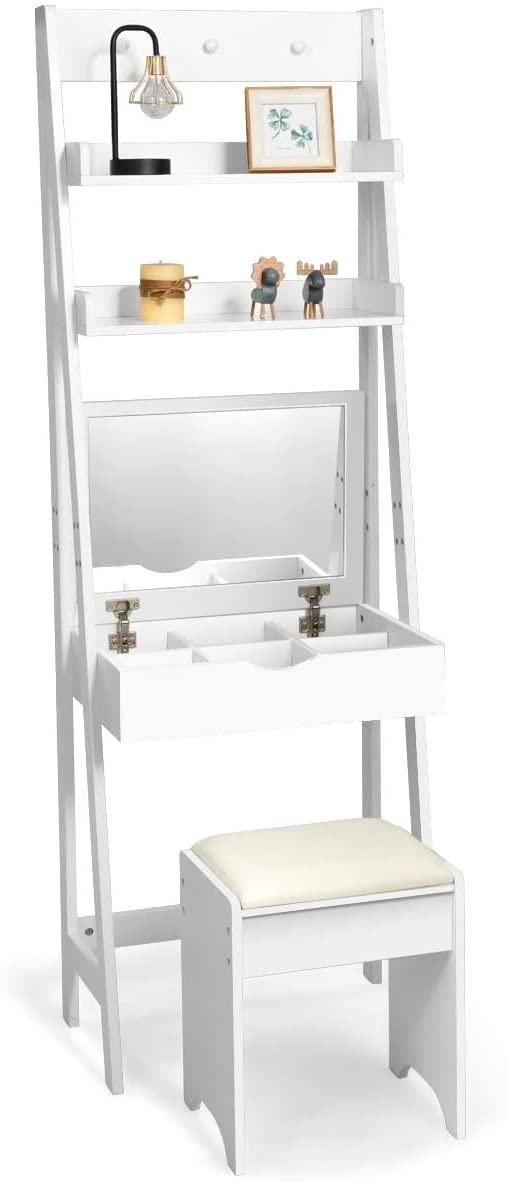Modern Vanity Makeup Set with 6 Compartments, 2 Open Shelves & 3 Hooks - Flip Mirror Dressing Table with Cushioned Stool - White Multifunctional Ladder Makeup Desk for Bedroom, Bathroom & Dorm Organization