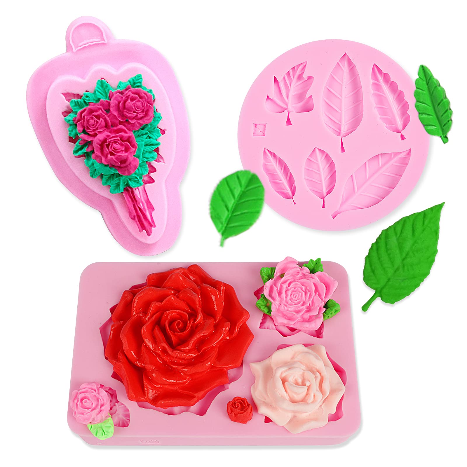 3Pcs Rose Pink Silicone Flower Leaves Fondant Molds - Non-Stick Polymer Clay & Chocolate Baking Molds for Cake Decorating, Cupcake Toppers - Perfect for Wedding, Thanksgiving, Christmas Party Desserts