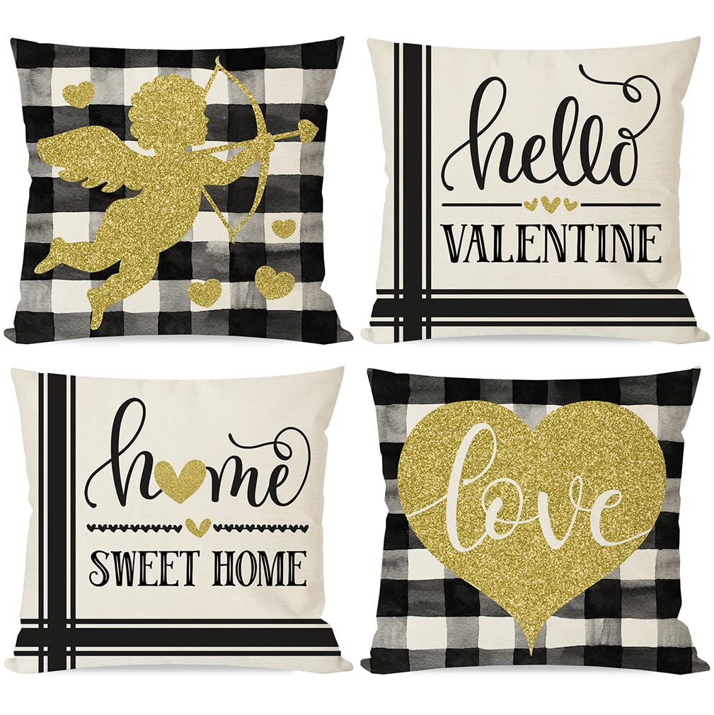 PANDICORN Valentine's Day Pillow Covers Set of 4 - 18x18 Inch Black Gold Buffalo Plaid Check Throw Pillow Covers for Couch, Bed, Sofa Decor - Heart Cupid Arrow Love Theme Home Decoration for Valentine's Gifts & Romantic Bedroom Decor