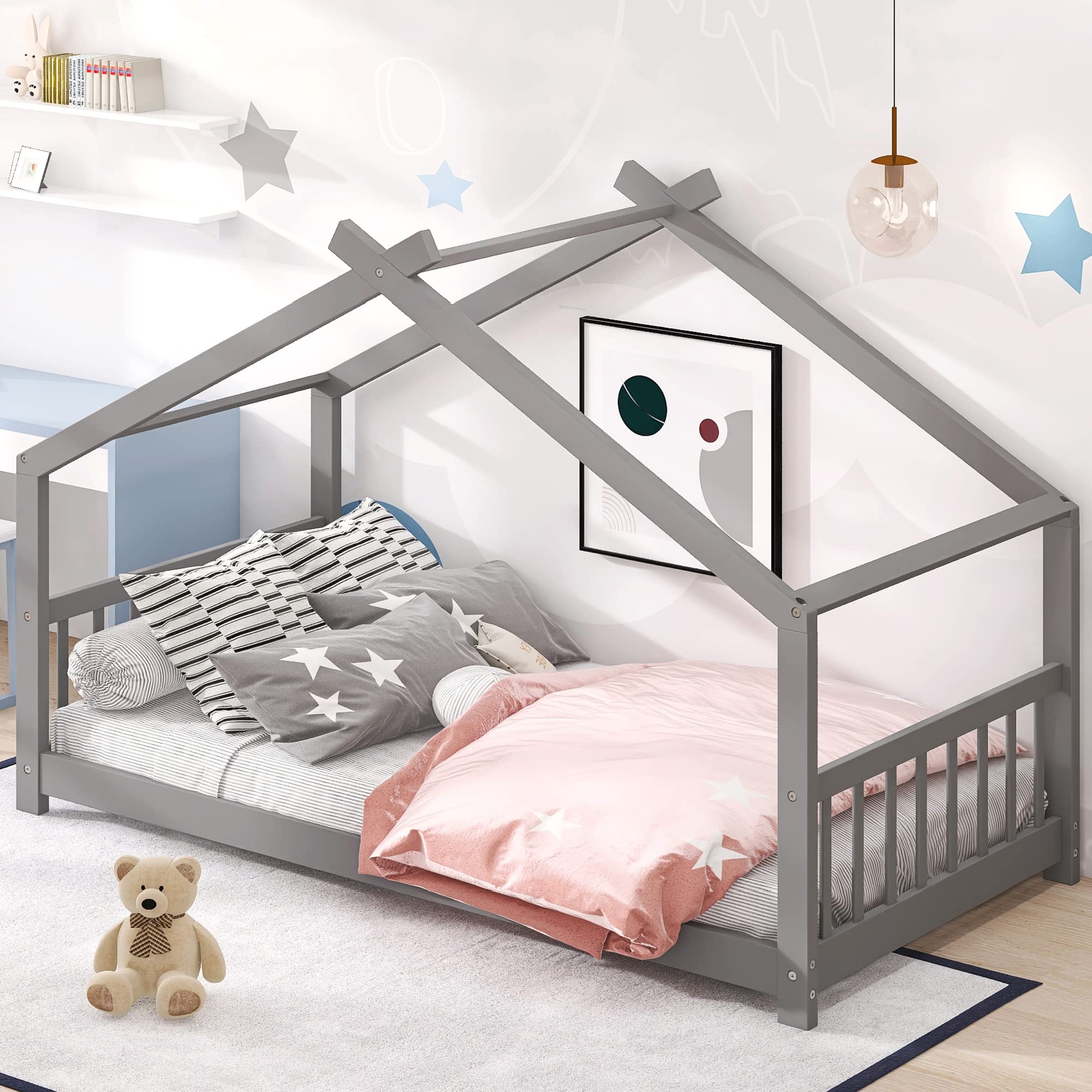 **Twin Size House Platform Bed Frame with Headboard & Footboard - Wood Slat Support, No Box Spring Needed - Easy Assembly for Kids, Teens, Boys & Girls - Gray - Perfect for Bedrooms, Playrooms & Themed Kids' Rooms**