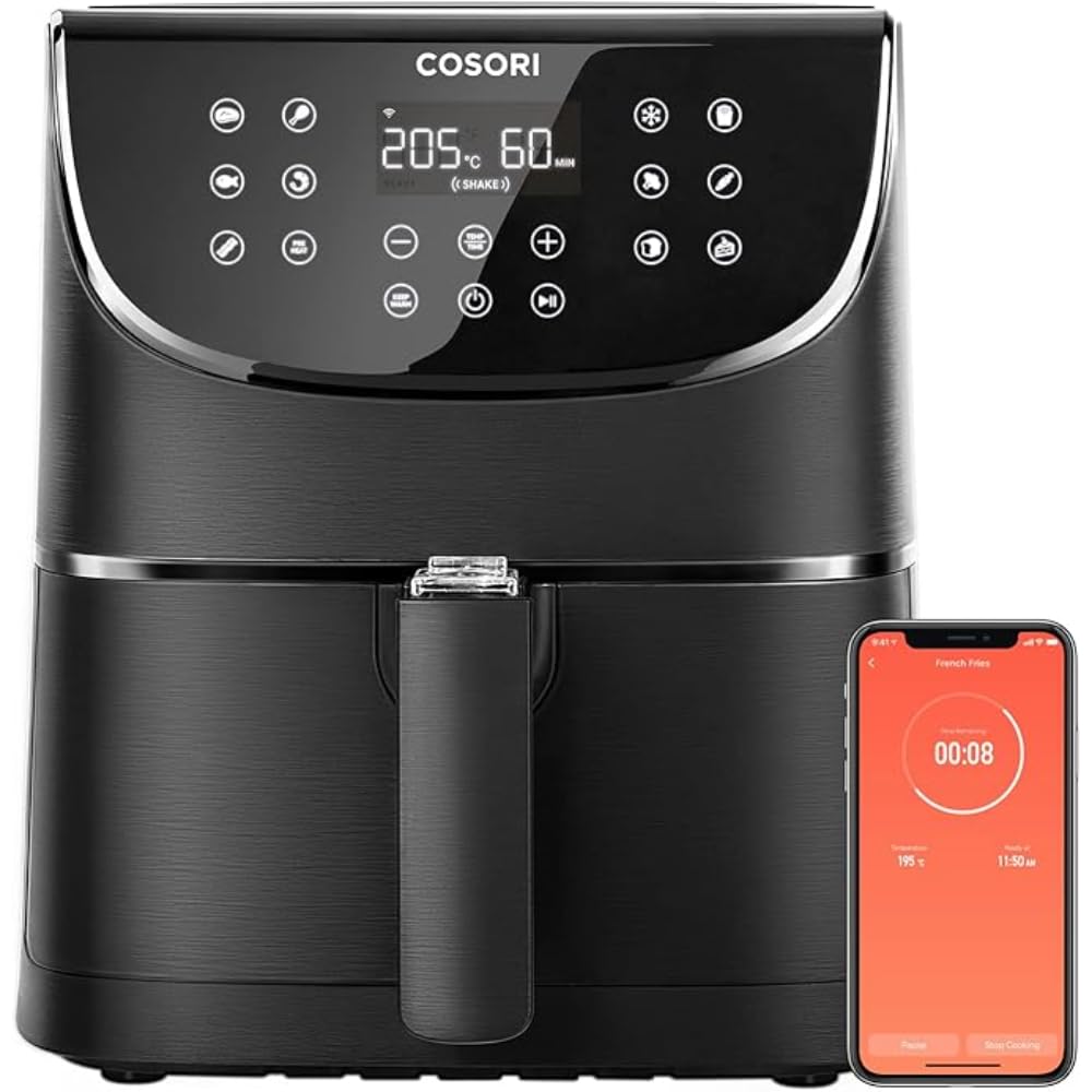 COSORI 5.5L Smart Air Fryer Oven with 200 Recipes - APP Control, 13 Cooking Functions (Roast, Bake, Reheat), Removable Square Basket, Dishwasher Safe - Perfect for Healthy Cooking, Family Meals & Quick Snacks (Black)