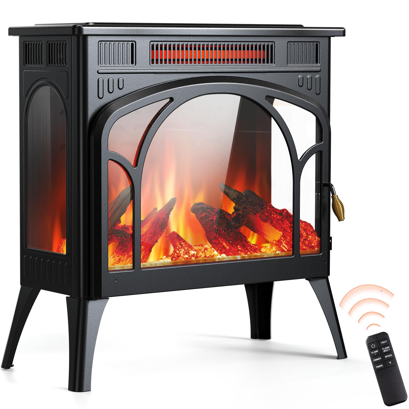 Rintuf 1500W Electric Fireplace Heater with 3D Flame Effect - Infrared Space Heater with Remote, 8H Timer & Safety Protection - Freestanding Indoor Fireplace Stove for Large Rooms | Perfect for Living Room, Bedroom & Office Heating