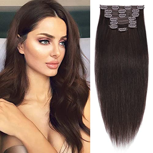 18 Inch Clip-In Human Hair Extensions 8pcs 100g Full Head - 100% Remy Human Hair Silky Straight Double Lace Weft Seamless Hair Extensions for Women #2 Dark Brown | Perfect for Daily Styling, Parties & Special Occasions