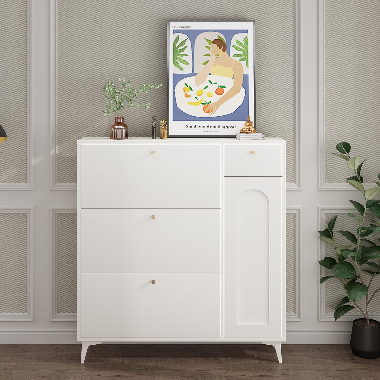 Jnshu Xufed Cream Flip Up Shoe Cabinet - 3 Flap Drawers & 1 Press Door Storage Organizer for Entryway, Hallway, Closet & Living Room - Perfect for Small Space Organization & Home Decor