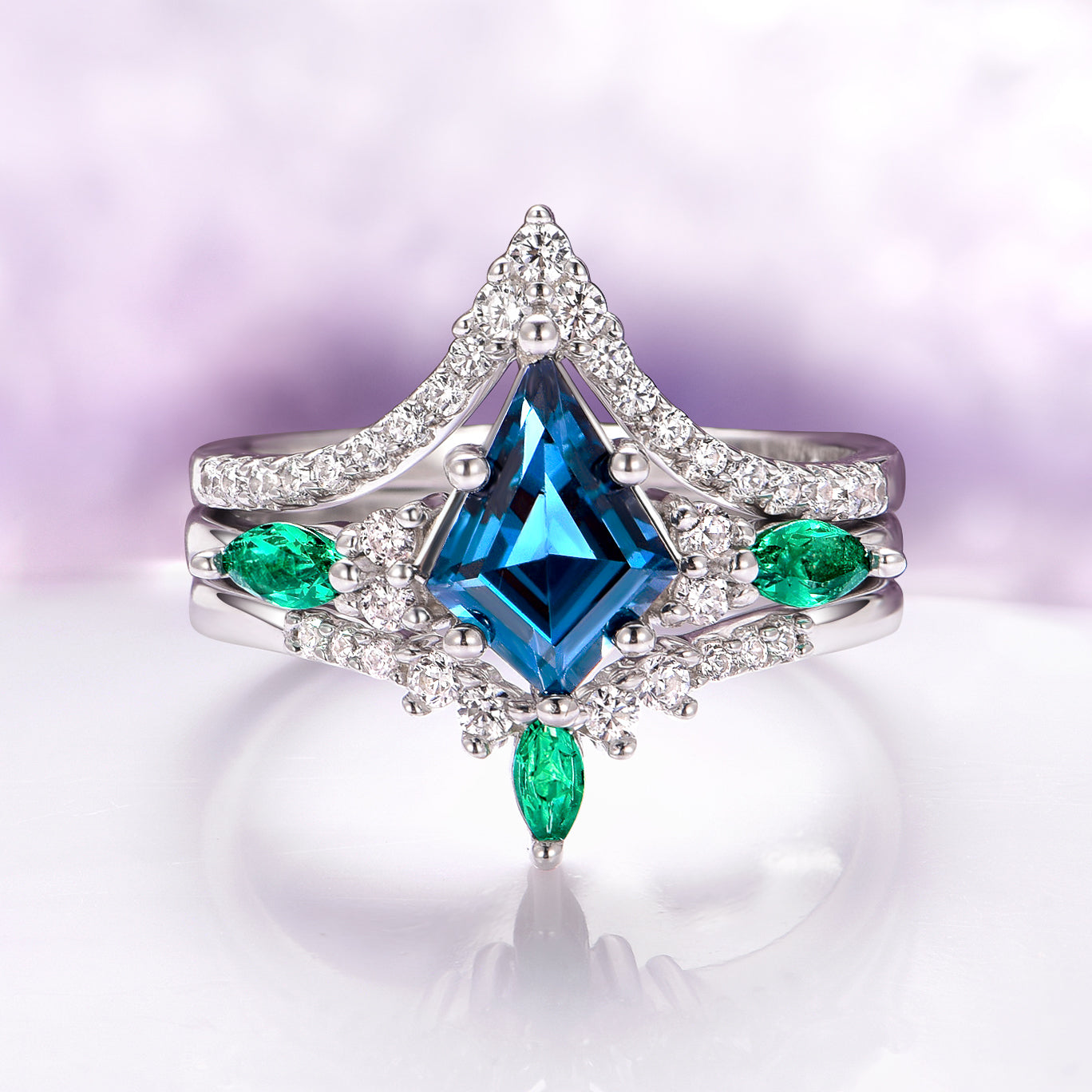 Skye Kite™ 14K White Gold London Blue Topaz & Emerald Ring Set (3 Piece) - Elegant Jewelry for Weddings, Anniversaries & Special Occasions