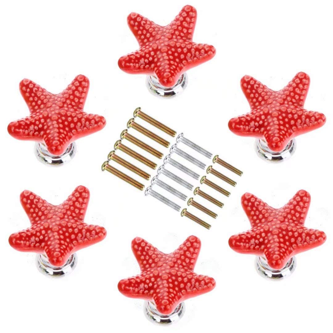 Red Starfish Ceramic Drawer Pulls - 6 Pack Beach Theme Cabinet Knobs for Nursery, Kitchen & Wardrobe | Ocean Decor Handles for Dressers & Cupboards | Perfect for Coastal & Nautical Home Decor