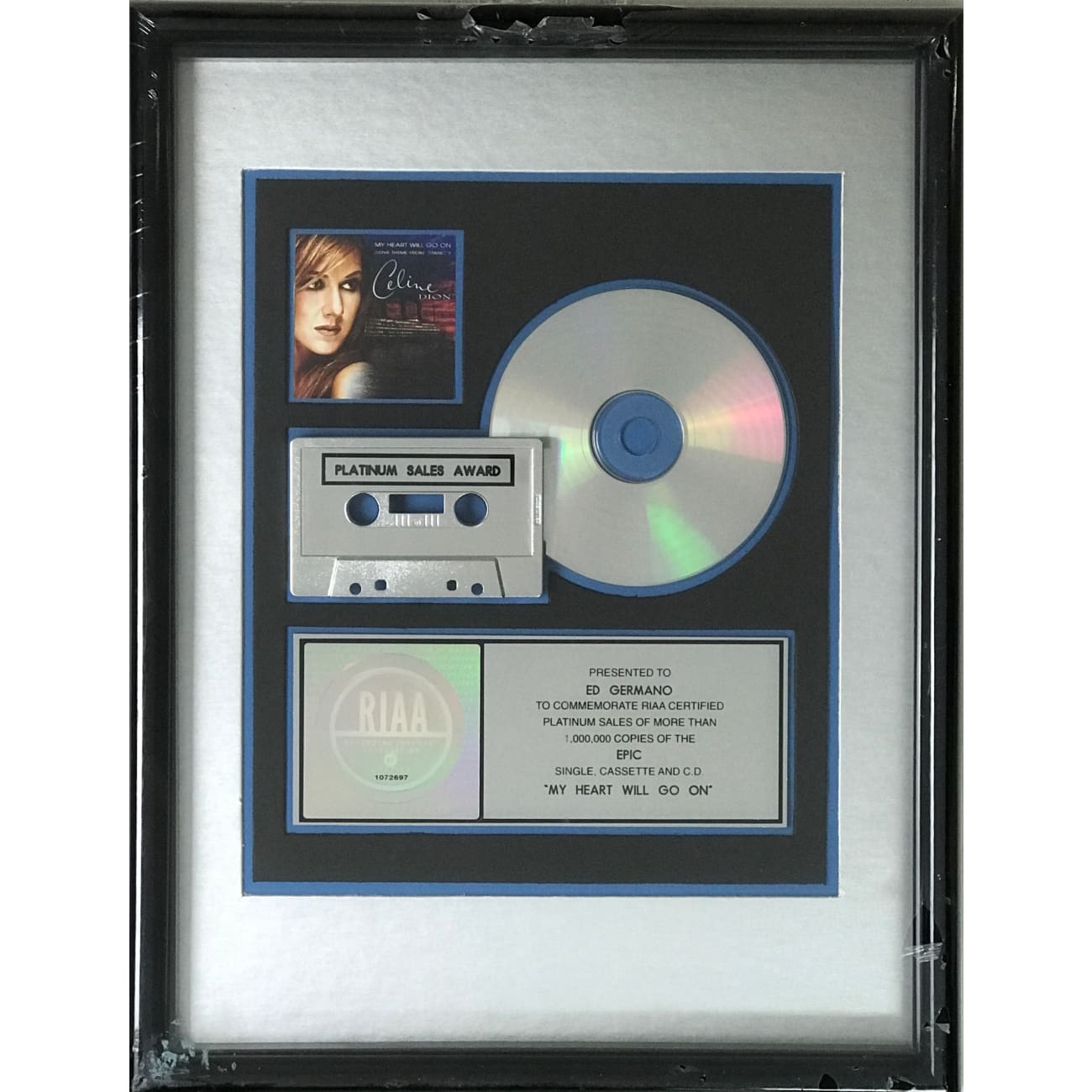 Celine Dion My Heart Will Go On RIAA Platinum Single Award - Brand New & Sealed | Perfect for Music Collectors & Titanic Memorabilia Fans