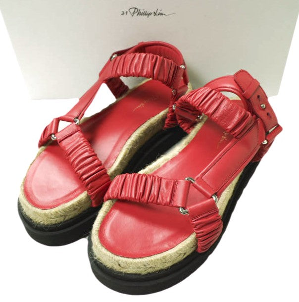 3.1 Phillip Lim Red Leather Platform Slide Sandals - Women's Fashion Sandals for Summer, Beach & Casual Outings